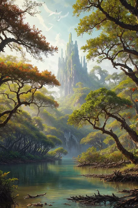 fantasy painting by greg rutkowski, a Mangrove forest in Temperate area