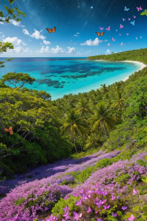 Remote wilderness photo, presenting Deserted island paradise, beneath Springtime bloom, inhabited by Butterflies fluttering, style Subtle shadow detail, mood Starry night calm.