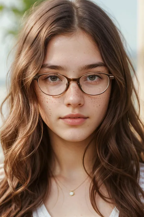 professional, masterpiece, 4k, portrait of a cute 20yo, long hair, latin, glasses, [[freckles]], detailed face, detailed skin, photography, photorealistic