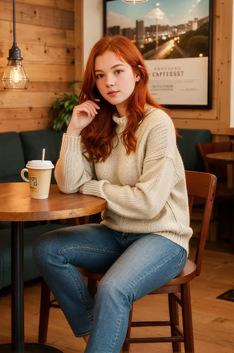 Cozy coffee shop setting, 18yo woman, redhead, casual chic, knit sweater, jeans, indoor cafe, warm lighting, 6k, relaxed ambiance, urban lifestyle, comfortable seating, laid-back, high-quality interior, soft focus, intimate atmosphere, trendy spot, casual elegance, ultra-detail, realistic.