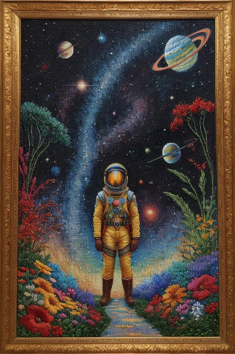 A Impressionism based Embroidery showing the interplay between Direction and Emphasis on a space alien.