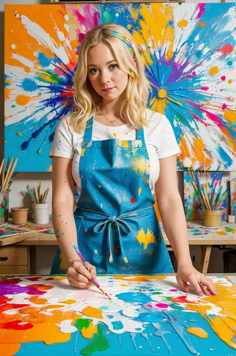 Artistic studio setting, 35yo woman, blonde hair, creative attire, paint-splattered apron, colorful canvas, artistic tools, inspiring, 4k, creative process, art studio, colorful artwork, talented artist, inspirational space, high-quality art, detailed textures, expressive, vibrant studio, high-definition, artistic vibe.