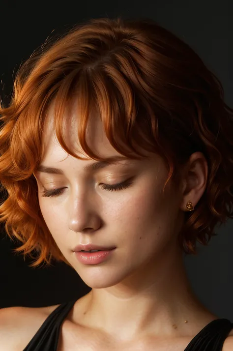 [face closeup], closed eyes, beautiful woman, (golden skin), redhead, short hair, [curly bob cut], dark theme, [detailed skin], empty background, [4k], [full hd], [posing], [sharp image], [high quality], [detailed], [dramatic lighting], [dslr], [professional photographer]