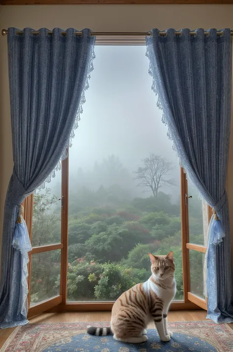 A foggy morning scene featuring a cat and a sapphire blue curtains
