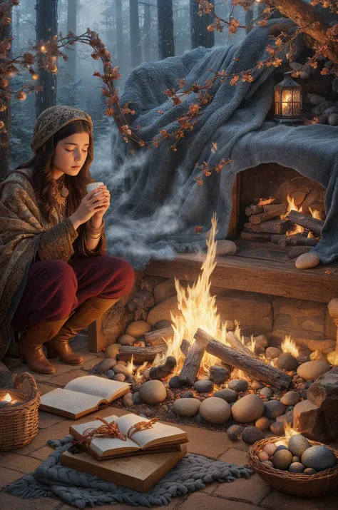 A hatching season scene featuring a sorcerer and a charcoal blanket