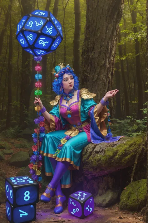 A forest season scene featuring a jester and a neon blue dice