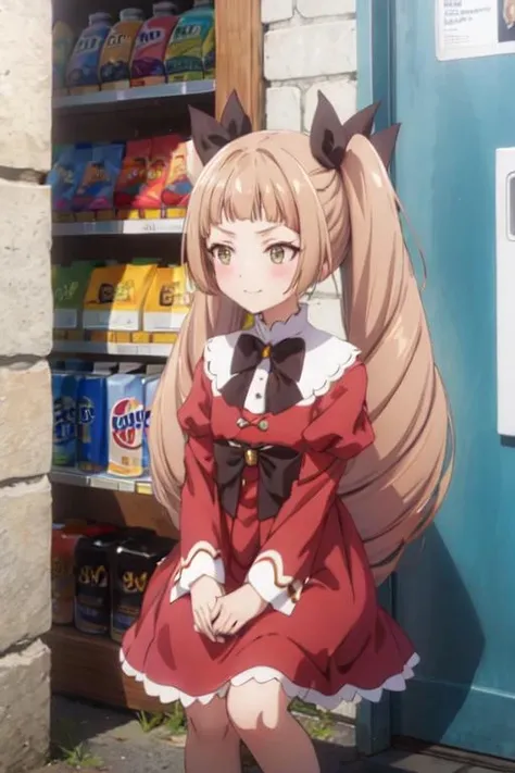(masterpiece, best quality:1.3), perfect anatomy, perfect hands, perfect feet, 1girl, solo, (across table pov, face focus eye contact:1.3), (beautiful detailed fancy café sitting down at wood table, holding dessert fork and knife eating strawberry cake slice and fancy pumpkin spice ice-cream shake in glass cup with wafers, cheese cake and cup of coffee in front of viewer, next to large store window, kitty looking over table in lap), detailed beautiful face, (happy blush open mouth excited), chiaroscuro, volumetric lighting, volumetric shading, high resolution, extreme detail, MimiDigi, Mimi Tachikawa, (long wavy light brown hair, Face-Framing Bangs, light brown eyes), (a-line Fringe red Dress, small red fringe shawl, wide brown waist belt, leather gloves, socks, boots), (Katsuyoshi Nakatsuru \(style\), Digimon Adventure \(style\), Katsuyoshi Nakatsuru) official style, official art, anime screencap, anime coloring <lora:MimiDigi:0.8>