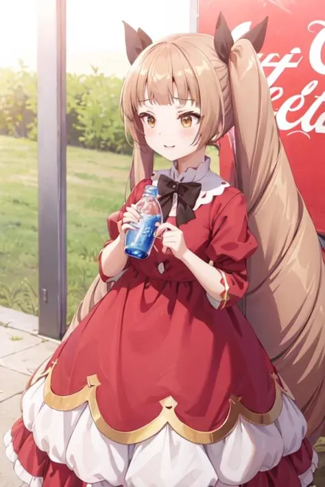 <lora:0011Jsuori:1>,suori,long_dress,petite,holding_bottle,coca cola,