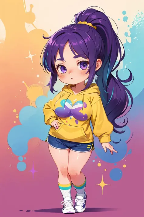 masterpiece, best quality, 1girl, purple hair, ponytail, yellow hoodie, short shorts, loose socks, sneakers, seiza, looking at viewer, large breasts, shiny skin, abstract background, vivid colors, paint splashes, rainbow theme, chibi,<lora:GoodHands-beta2:1>