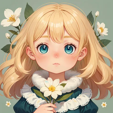 girl, blonde hair, blue eyes, cotton, portrait, illustration, digital art, soft colors, green background, holding flowers,chibi,