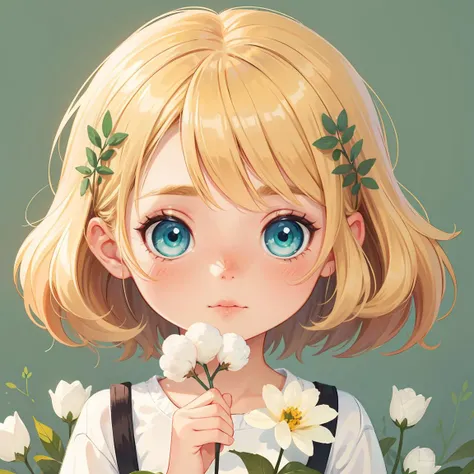 girl, blonde hair, blue eyes, cotton, portrait, illustration, digital art, soft colors, green background, holding flowers,chibi,