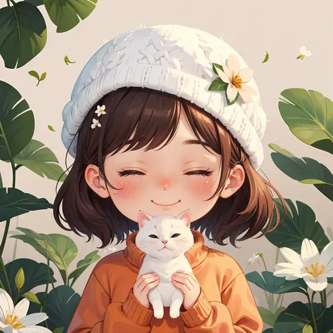 sdmai,Flat illustration, girl, closed eyes, cat, smile, orange sweater, blush, sweater, hat, white headwear, long sleeves, animal, flower, white flower, upper body, simple background, white cat, solo, leaf, plant, holding animal, brown hair, medium hair, holding, (masterpiece:1.2), best quality, highres,extremely detailed CG,perfect lighting,8k wallpaper,chibi,