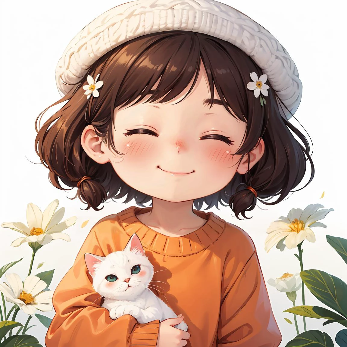 sdmai,Flat illustration, girl, closed eyes, cat, smile, orange sweater, blush, sweater, hat, white headwear, long sleeves, animal, flower, white flower, upper body, simple background, white cat, solo, leaf, plant, holding animal, brown hair, medium hair, holding, (masterpiece:1.2), best quality, highres,extremely detailed CG,perfect lighting,8k wallpaper,chibi,
