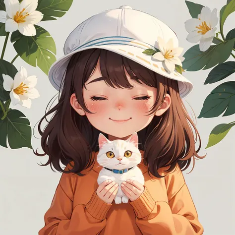 sdmai,Flat illustration, girl, closed eyes, cat, smile, orange sweater, blush, sweater, hat, white headwear, long sleeves, animal, flower, white flower, upper body, simple background, white cat, solo, leaf, plant, holding animal, brown hair, medium hair, holding, (masterpiece:1.2), best quality, highres,extremely detailed CG,perfect lighting,8k wallpaper,chibi,