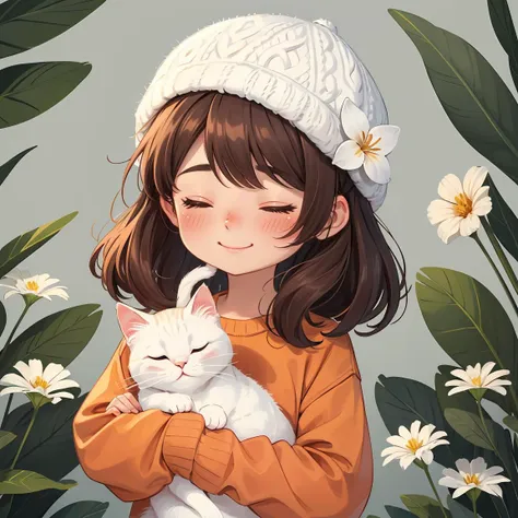 sdmai,Flat illustration, girl, closed eyes, cat, smile, orange sweater, blush, sweater, hat, white headwear, long sleeves, animal, flower, white flower, upper body, simple background, white cat, solo, leaf, plant, holding animal, brown hair, medium hair, holding, (masterpiece:1.2), best quality, highres,extremely detailed CG,perfect lighting,8k wallpaper,chibi,