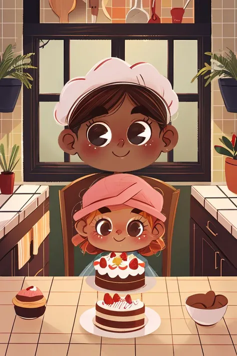 fant, antonella fant, 1girl, blush, smile, brown hair, 1boy, hat, holding, food, indoors, dark skin, star (symbol), dark-skinned female, window, white headwear, chair, table, plant, cake, strawberry, tiles, potted plant, kitchen, chef hat,<lora:antonellafant:0.8>,chibi,