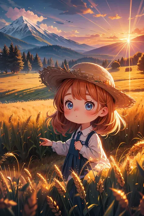 masterpiece,best quality,landscape, 1girl, hat, wheat, farm, sunset, lens flare, mountain, clouds,<lora:more_details:0.3>, <lora:GoodHands-beta2:1>,chibi