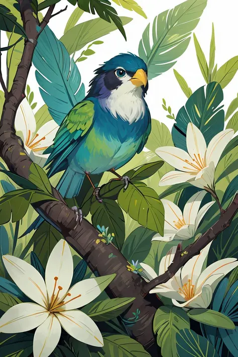 A vibrant, exotic bird perched on a branch in a lush, tropical rainforest, surrounded by vividly colored flowers and foliage. The style is digital art by Elara Mivon, characterized by rich, saturated colors and a slightly surreal, dreamlike quality, enhancing the natural beauty and mystery of the scene. The bird's feathers are a kaleidoscope of colors, shimmering in the dappled sunlight filtering through the canopy above, creating an image that is both captivating and mesmerizing