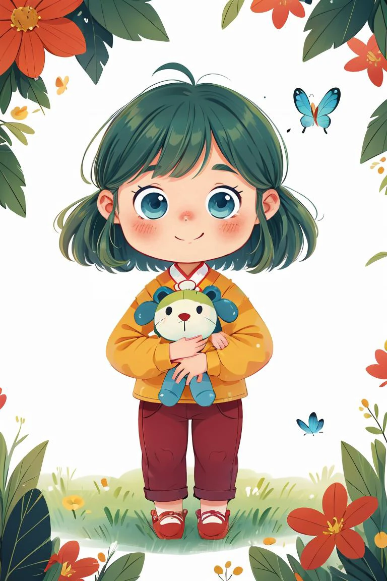 tongxin,flower,solo,smile,stuffed toy,bug,1girl,green hair,red footwear,pants,stuffed animal,white background,holding,holding stuffed toy,blush,child,butterfly,shirt,standing,animal,long sleeves,chibi,<lora:å
¨ç½é¦åï½å¿ç«¥æç»ç»æ¬_v1.0:0.5>,blue eyes,