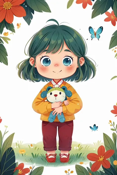 tongxin,flower,solo,smile,stuffed toy,bug,1girl,green hair,red footwear,pants,stuffed animal,white background,holding,holding stuffed toy,blush,child,butterfly,shirt,standing,animal,long sleeves,chibi,<lora:å¨ç½é¦åï½å¿ç«¥æç»ç»æ¬_v1.0:0.5>,blue eyes,