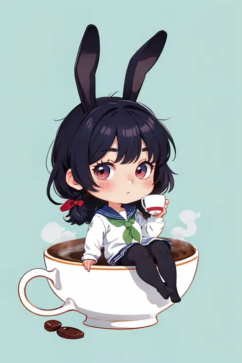 (chibi:1.2),in container,1girl,solo,pantyhose,long hair,white pantyhose,red eyes,skirt,school uniform,black hair,no shoes,animal ears,blue skirt,simple background,serafuku,bangs,white sailor collar,rabbit ears,sailor collar,long sleeves,blue serafuku,fake animal ears,blue shirt,shirt,neckerchief,green neckerchief,full body,sitting,(cup:1.1),in cup,coffee,looking at viewer,<lora:in_containerV0.3-000004:0.8>,<lora:GoodHands-beta2:1>,