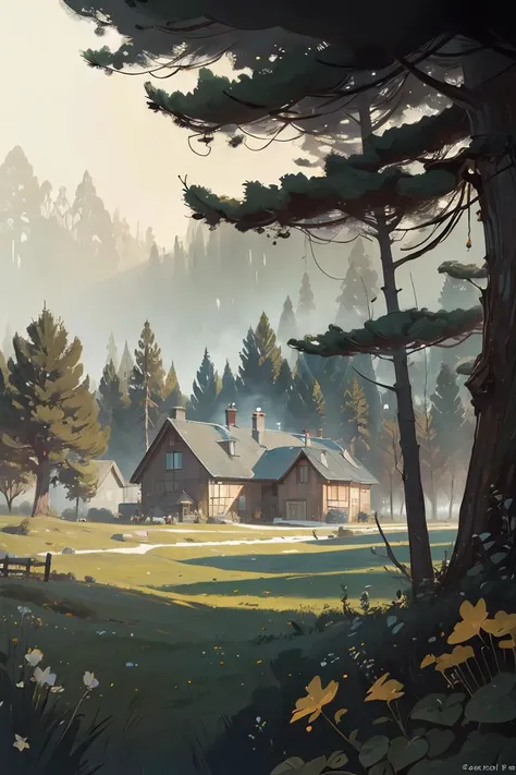 landscape painting of a homestead, nordic elven adventurers, cozy valley, broadleaf forest, ferrotype defects, style of (Jeremy Mann, Louis Icart, Valentin Serov, Makoto Kobayashi, Karol Bak)