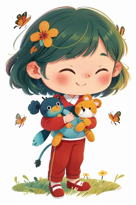 tongxin,flower,solo,smile,stuffed toy,bug,1girl,green hair,red footwear,pants,stuffed animal,white background,holding,holding stuffed toy,blush,child,butterfly,shirt,standing,animal,long sleeves,chibi,<lora:å
¨ç½é¦åï½å¿ç«¥æç»ç»æ¬_v1.0:0.7>,