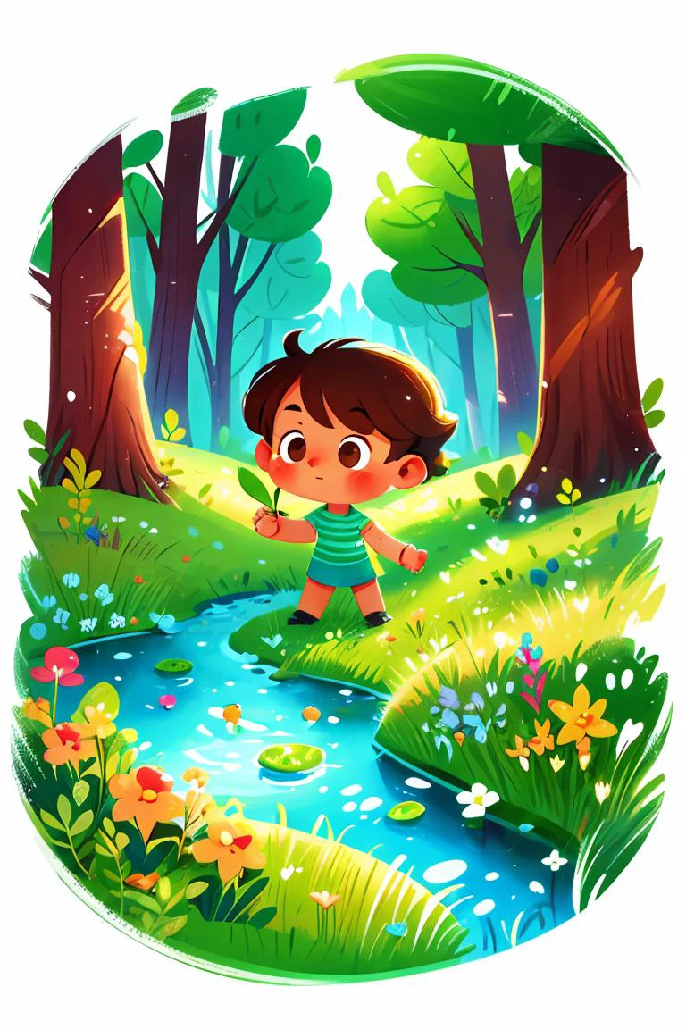 (brown eyes:1.2), playing in the grass,surrounded by plants,Forest,by the stream,illustration,Children's illustrations,Children's,Cartoon,Gouache,graffiti,watercolor painting,<lora:å¿ç«¥ç»æ¬å¡éæç»_v2.0:0.7>,chibi,