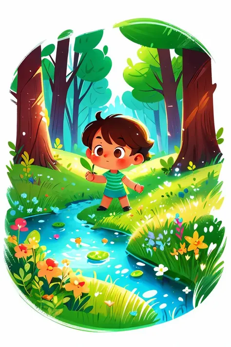 (brown eyes:1.2),child playing in the grass,surrounded by plants,Forest,by the stream,illustration,Children's illustrations,Children's,Cartoon,Gouache,graffiti,watercolor painting,<lora:å¿ç«¥ç»æ¬å¡éæç»_v2.0:0.7>,chibi,