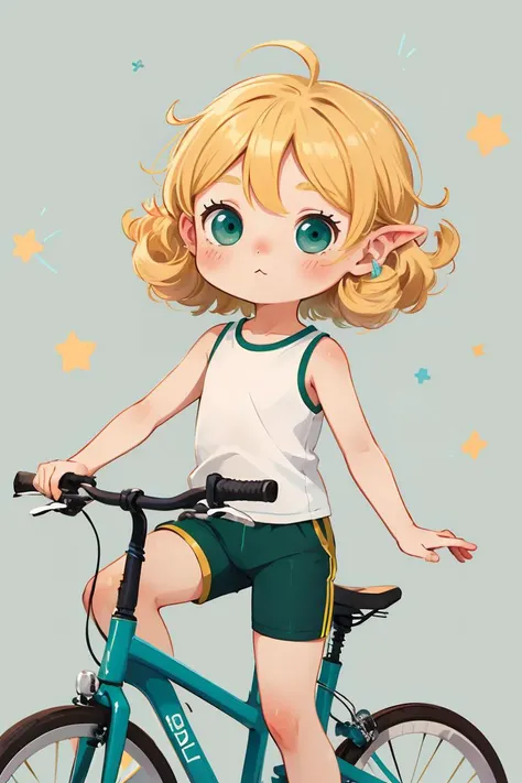 (chibi:1.2),boy,children's book illustration style,simple,cute,2 years old,bright colors,(blond hair),ends of hair below the ears curly,light skin,(sleeveless shirt),(white shirt),shorts fabric,(green shorts),intricate details,pedaling bicycle.,
<lora:GoodHands-beta2:1>,