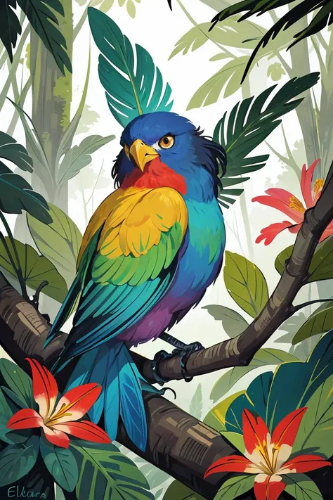 A vibrant, exotic bird perched on a branch in a lush, tropical rainforest, surrounded by vividly colored flowers and foliage. The style is digital art by Elara Mivon, characterized by rich, saturated colors and a slightly surreal, dreamlike quality, enhancing the natural beauty and mystery of the scene. The bird's feathers are a kaleidoscope of colors, shimmering in the dappled sunlight filtering through the canopy above, creating an image that is both captivating and mesmerizing