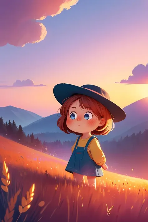 bule eyes,Forest,cartoon,best quality,masterpiece,highres,original,extremely detailed wallpaper,Jili,landscape,1girl,hat,wheat,farm,sunset,lens flare,mountain,clouds,<lora:more_details:0.3>,<lora:GoodHands-beta2:1>,(chibi:1.2),<lora:å°æ¸æ°ä¸¨æ£®æå¨ç©ç»æ¬ä¸¨èçæç»_v1.0:0.8>,