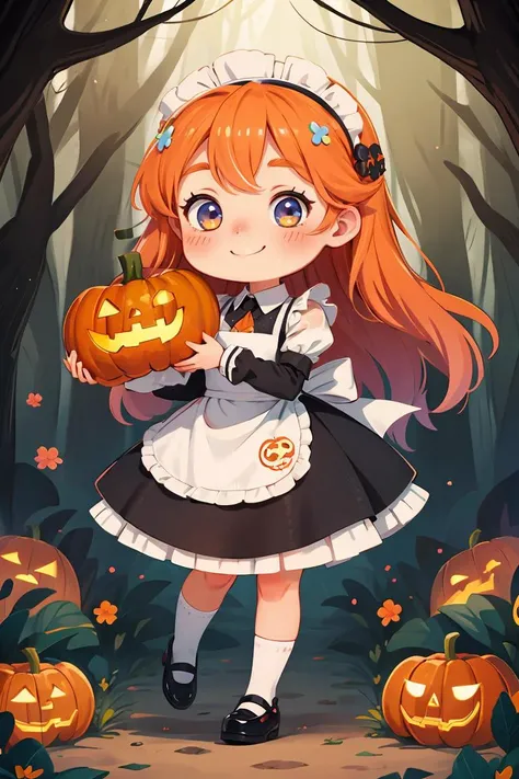 chibi, masterpiece, best quality, original, official art,Cute,full body,1 maid,beautiful eye,colorful ombre hair,rainbow gradient ,3 jack-o'-lantern,outfit,smilling,bokeh,bloom,forest background,,<lora:GoodHands-beta2:1>