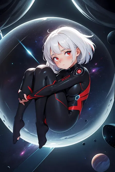 masterpiece, best quality, 1girl, solo, science fiction, black bodysuit, glowing, red eyes, darkness, dark, night sky, floating hair, galaxy, space, window, looking at viewer, blank eyes, white hair, large breasts, floating, levitation, knees up, full body, glass, hugging own legs, chibi,<lora:GoodHands-beta2:1>