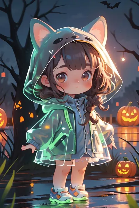 (chibi:1.2),masterpiece,best quality,4k,1girl,raincoat,pop style,glowing,solo,looking at viewer,halloween,pumpkin,blush,long hair,bangs,brown hair,animal ears,brown eyes,standing,outdoors,shoes,blurry,tree,see-through,night,blurry background,animal hood,<lora:GlowingPP:0.7>,<lora:GoodHands-beta2:1>