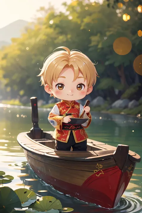 (chibi:1.2),A boy, by the river, lotus leaf decorated wooden boat, decorated with Chinese dragon, happy, happy, perfect quality, clear focus (clutter - home: 0.8), (masterpiece: 1.2) (Realistic: 1.2) (Bokeh) (Best quality) (Detailed skin: 1.3) (Intricate details) (8K) (Detail eyes) (Sharp focus), (Happy),<lora:GoodHands-beta2:1>,
