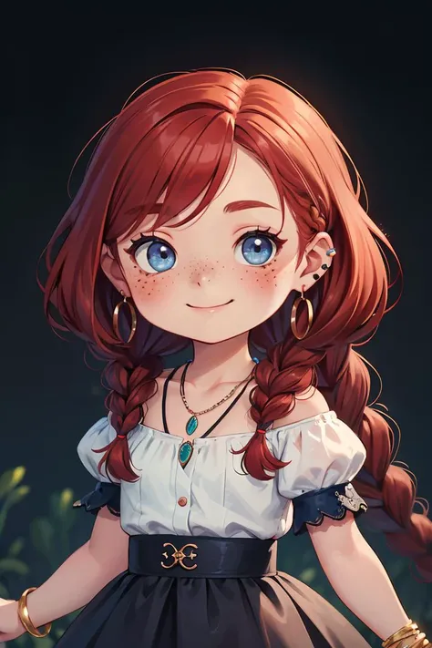 (chibi:1.2), (best quality),((masterpiece)),Concept Art, 1 Girl, Freckles, Solo, Jewelry, Braids, Earrings, Double Braids, Necklace, Look at the Audience, Red Hair, Blur, Plants, dark blue lace skirt, Blurred Background, Upper Body, Fluffy Sleeves, Bracelet, Smile, Long Hair, little braids, <lora:GoodHands-beta2:1>