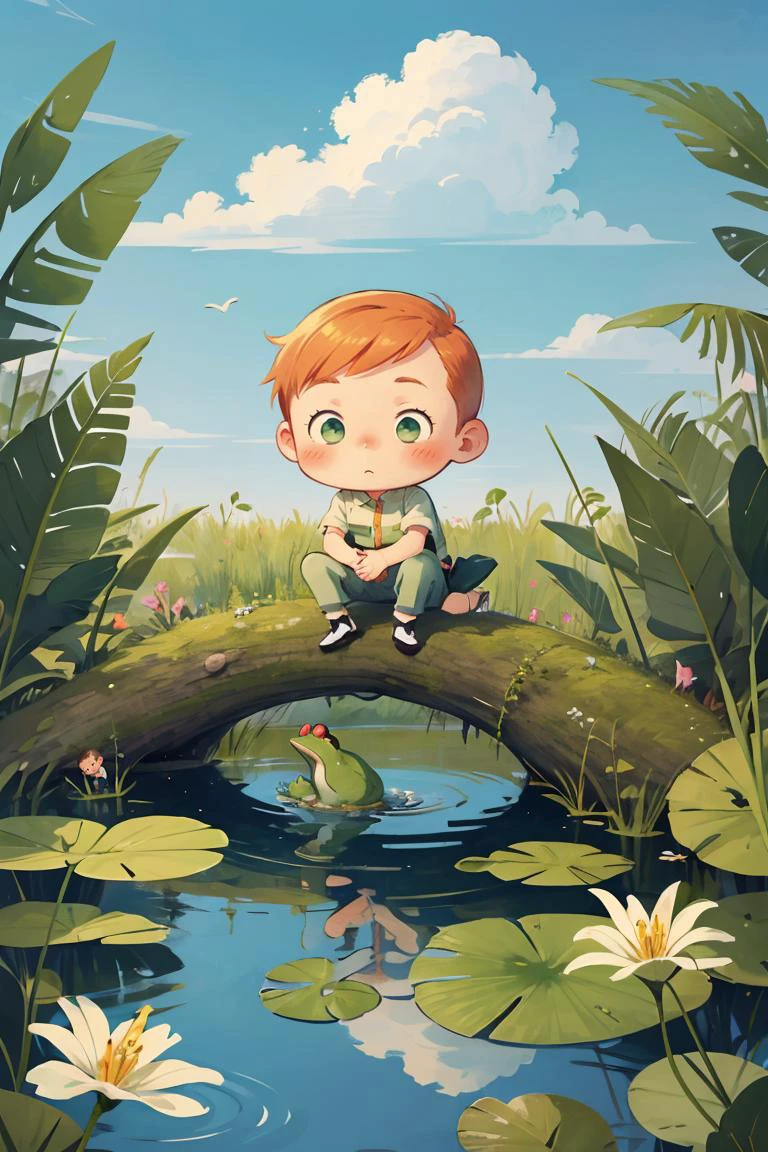 (chibi:1.2),Draw a tintin style anime simple art of a boy sitting on log and doing fishing in pond,frog on lily leaves,greenery,flowers,long fern grass beautiful sky,beautiful color palette,<lora:GoodHands-beta2:1>,