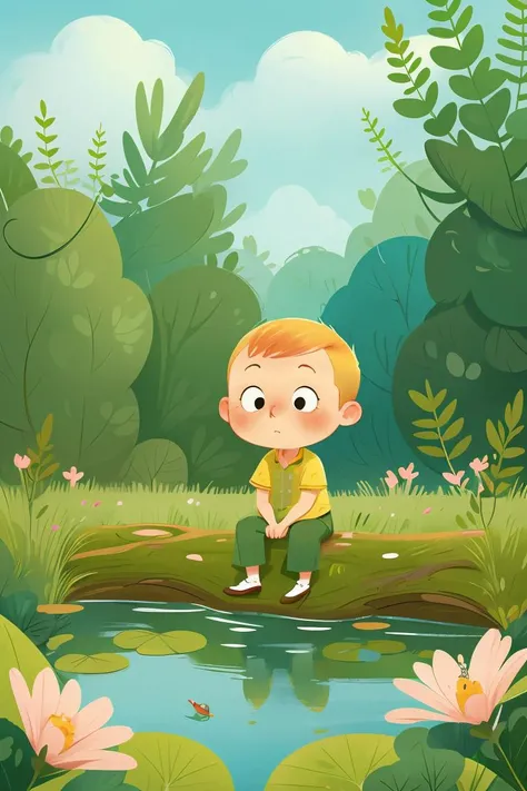 bule eyes,Forest,cartoon,best quality,masterpiece,highres,original,extremely detailed wallpaper,Jili,(chibi:1.2),Draw a tintin style anime simple art of a boy sitting on log and doing fishing in pond,frog on lily leaves,greenery,flowers,long fern grass beautiful sky,beautiful color palette,<lora:GoodHands-beta2:1>,<lora:å°æ¸æ°ä¸¨æ£®æå¨ç©ç»æ¬ä¸¨èçæç»_v1.0:0.8>,