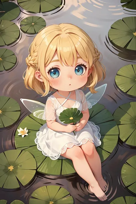 1girl, chest,fairy,blonde hair,medium hair,french braid,white dress,from above,upturned eyes,sitting on a lotus leaf,lotus, feet in the water, ripples,chibi,