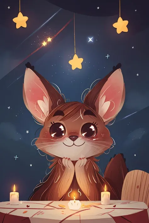 fant, antonella fant, blush, smile, brown hair, heart, food, sky, signature, star (symbol), symbol-shaped pupils, no humans, night, table, star (sky), night sky, furry, starry sky, candle,
<lora:antonellafant-04:0.95>
