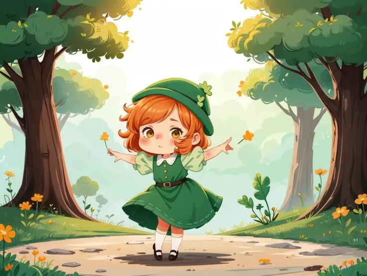 (girl, leprechaun \(last origin\), orange hair, hazel eyes, green dress, illustration, digital art, soft colors, simple background, chibi, dancing, outdoors)