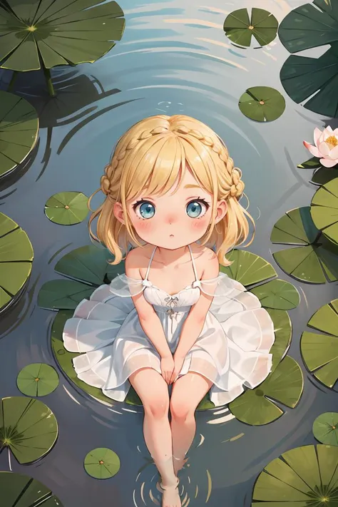 1girl,child,flat chest,fairy,blonde hair,medium hair,french braid,white dress,from above,upturned eyes,sitting on a lotus leaf,lotus, feet in the water, ripples