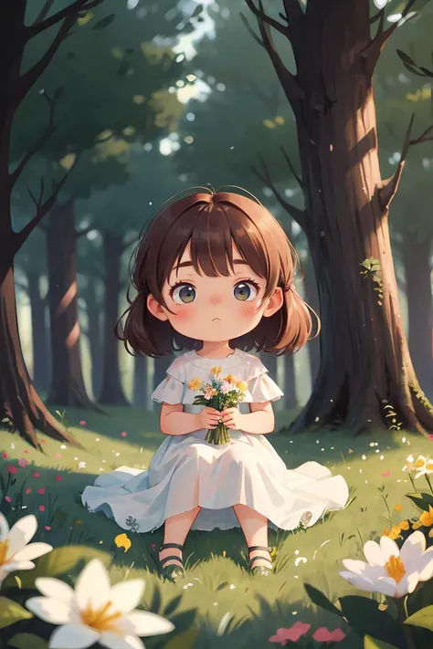 masterpiece,best quality,1girl, sitting on grass, flowers, holding flowers, warm lighting, white dress, blurry foreground, (forest:1.2), <lora:GoodHands-beta2:1>,chibi