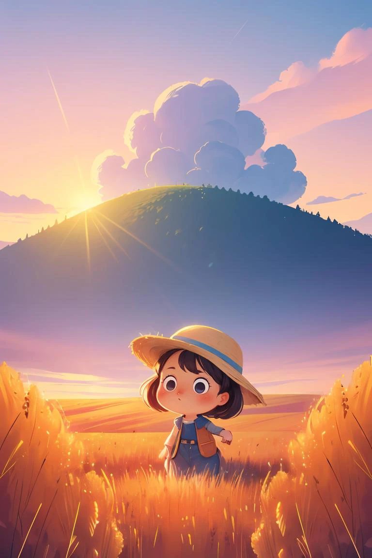 bule eyes,Forest,cartoon,best quality,masterpiece,highres,original,extremely detailed wallpaper,Jili,landscape,1girl,hat,wheat,farm,sunset,lens flare,mountain,clouds,<lora:more_details:0.3>,<lora:GoodHands-beta2:1>,(chibi:1.2),<lora:å°æ¸
æ°ä¸¨æ£®æå¨ç©ç»æ¬ä¸¨èçæç»_v1.0:0.8>,