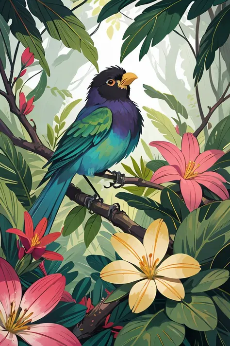 A vibrant, exotic bird perched on a branch in a lush, tropical rainforest, surrounded by vividly colored flowers and foliage. The style is digital art by Elara Mivon, characterized by rich, saturated colors and a slightly surreal, dreamlike quality, enhancing the natural beauty and mystery of the scene. The bird's feathers are a kaleidoscope of colors, shimmering in the dappled sunlight filtering through the canopy above, creating an image that is both captivating and mesmerizing