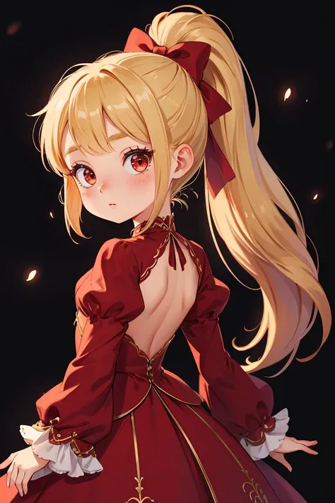 light particles, soft lighting, volumetric lighting, intricate details, finely detailed,1girl, solo,blonde hair, long hair, high ponytail,red eyes, long eyelashes, thick eyelashes, looking at viewer,red dress, ornate dress, backless dress, puffy sleeves, juliet sleeves, (long sleeves:1.2), red bow,black background, simple background, from behind, <lora:GoodHands-beta2:1>,chibi