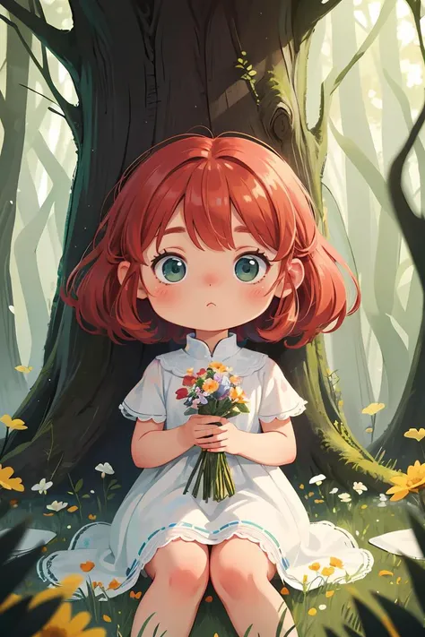 masterpiece,best quality,1girl, sitting on grass, flowers, holding flowers, warm lighting, white dress, blurry foreground, (forest:1.2), <lora:GoodHands-beta2:1>,chibi