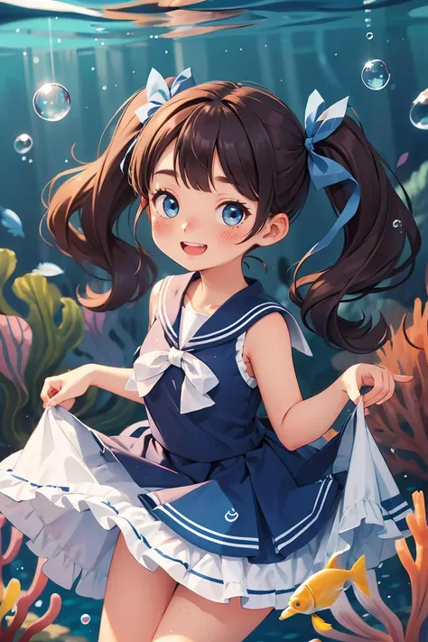 1girl,solo,dress,smile,long hair,bangs,bare arms,ribbon,teeth,bare shoulders,skirt hold,frills,water,blush,frilled dress,blue sailor collar,floating hair,depth of field,bow,blurry,blue ribbon,twintails,sleeveless,underwater,fish,blue eyes,bubble,air bubble,looking at viewer,sleeveless dress,sailor dress,:d,sailor collar,<lora:GoodHands-beta2:1>,chibi