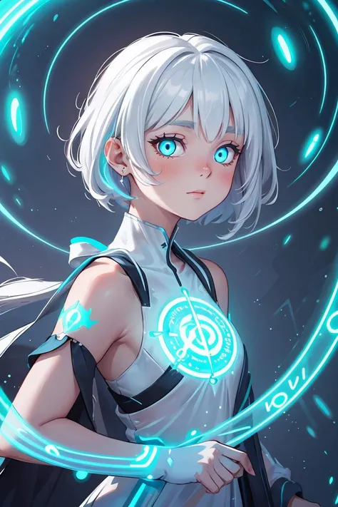 ((upper body)),best quality,masterpiece,a Japanese woman with ((Luminescence white hair)),((detailed pearl blue eye)),high detailed goddess soul,focus on character,solo,(style swirl magic),solo,from front,front view,looking at viewer,detailed face,((Luminescence Lighting Magic Circle theme)),perched on a ledge,tight neon body,light streaks,dark abyssal wanderer abstract,((Simple Luminescence Neon Gown)),inscribed with mystical runes,outdoor dystopian background,